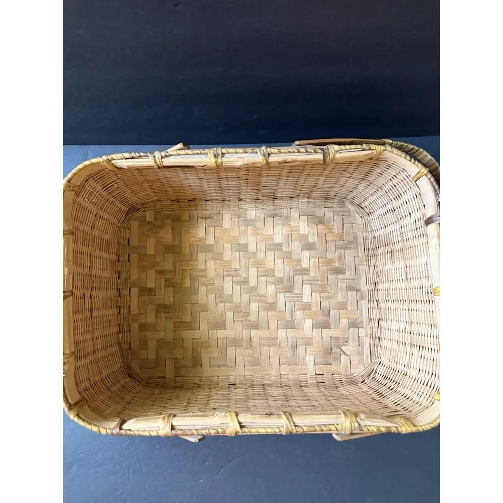 Vintage Bamboo Covered Basket Hinged Top Sewing Picnic Storage Woven Two Handle